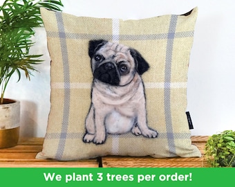 Pug Dog Vegan Cushion by Sharon Salt - Print not 3D | Pug Throw Pillow | Handmade in the UK Dog Gift | Little Pug Decor Gift
