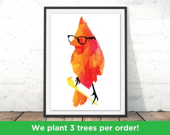 Bird Art Print Cool Chicken Watercolour Orange Bird Wall Decor Gift Idea for Kids Print Bird Skateboard Surfing Art Poster by Robert Farkas