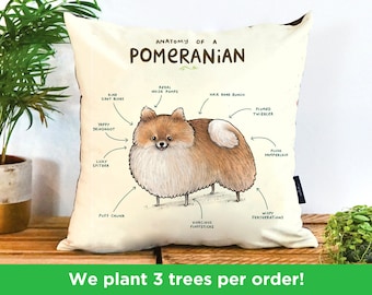 Anatomy Of A Pomeranian Pillow by Sophie Corrigan | Cute Dog Vegan Gift Cushion | illustrated Pomeranian Cushion | Funny Dog Pillow