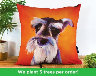 Schnauzer Vegan-Suede Cushion by Adam Barsby | Dog Lover Orange Pillow | Schnauzer Pillow | Pet Gift Schnauzer Illustration