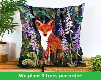 Cute Fox Textile Cushion by Kate Findlay | Vegan-Suede Orange Fox Throw Pillow | Floral Fox Collage Soft Furnishings