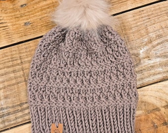 Purple Chunky Knit Beanie With Pom Pom Adult Small