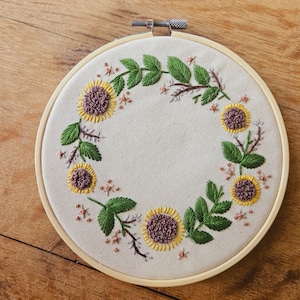 Sunflower Floral Hand Embroidered Hoop Wall Hanging Decor image 1