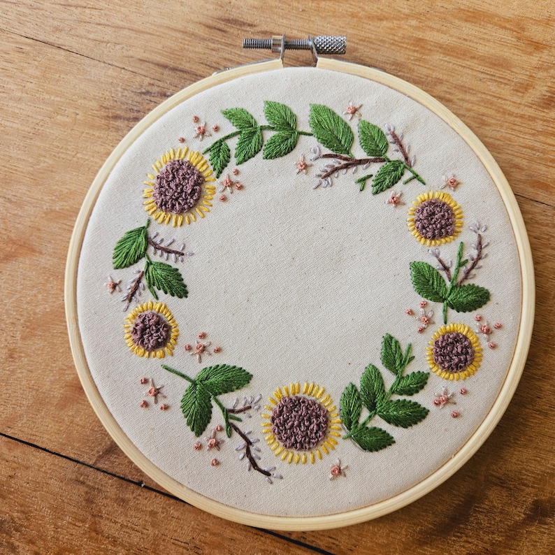 Sunflower Floral Hand Embroidered Hoop Wall Hanging Decor image 1