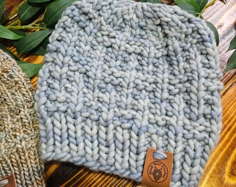 Super Chunky Blue Knit Beanie Adult Medium