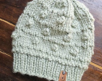 Super Chunky Green Knit Beanie Adult Medium Large