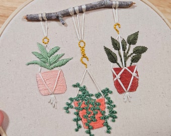 Bohemian Boho Pink Plant Hand Embroidered Hoop Wall Hanging Decor