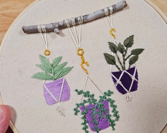 Bohemian Boho Purple Plant Hand Embroidered Hoop Wall Hanging Decor