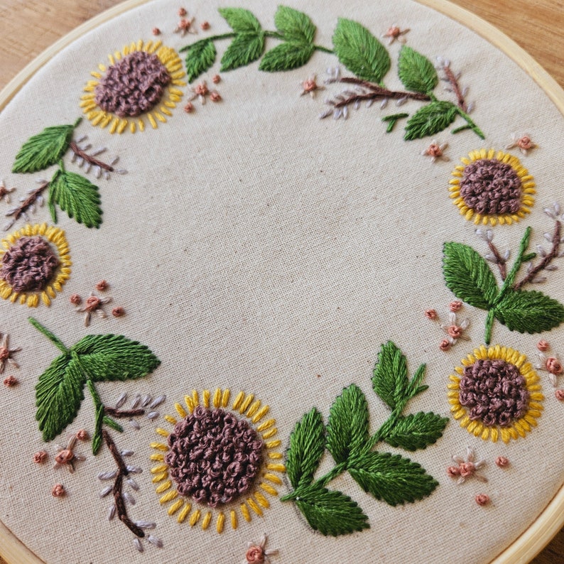 Sunflower Floral Hand Embroidered Hoop Wall Hanging Decor image 2