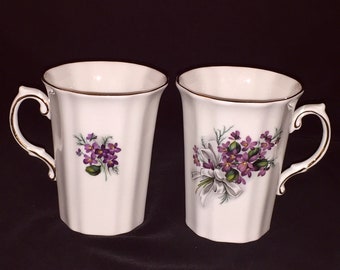 Set of 2  Matching  English Royal Grafton Large Tea Coffee Cups 10 Ounces Purple Violets Fine English Bone China Gift Set