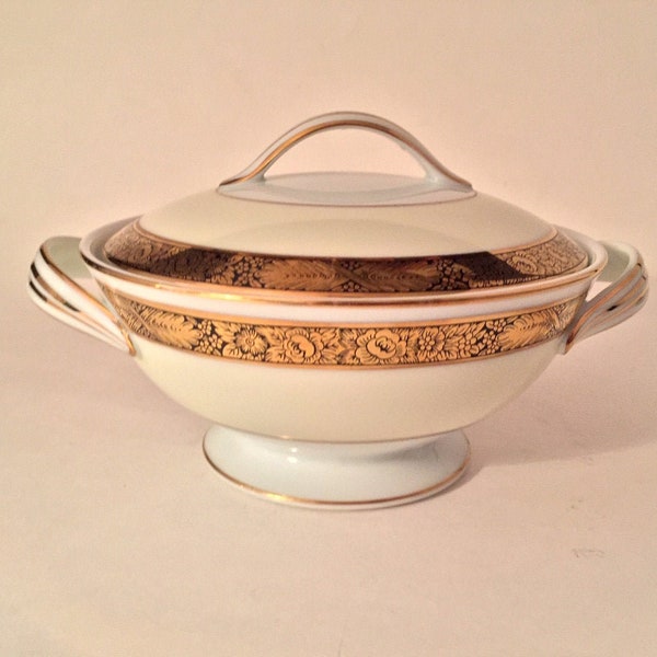 Noritake Goldkin 5675 Covered Sugar Bowl Floral Gold Band Formal Dining Entertaining