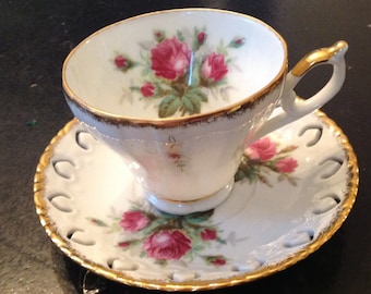 Stunning Grantcrest Footed Teacup and Matching Saucer Deep Pink Rose Reticulated Saucer Gold Trim Finely Detailed