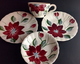 Vibrant Vintage Red Flower Teacup Saucer Bread Plate and Berry Bowl Set Mid Century Ceramic Pottery Fluted Country Farmhouse Luncheon Set