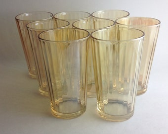 Set of 8 Peach Luster Carnival Glass Tumblers Drinking Glasses Vertical Panels Marigold Luster Iridescent  10 Ounce Cottagecore