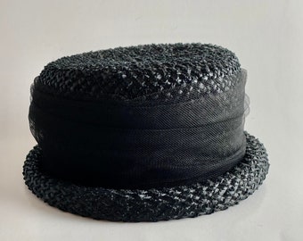 Vintage Black Woven Hat 1950;s Original Hat Box Cloche