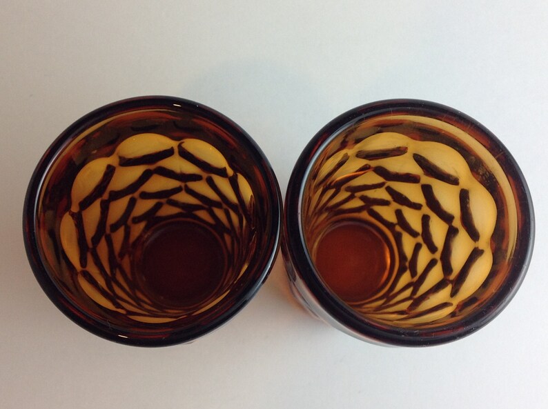 Set of 2 Vintage Deep Amber Honeycomb Juice Glasses Thumbprint Design Very Heavy Glass Retro Drinking Glasses Mid Century Dining