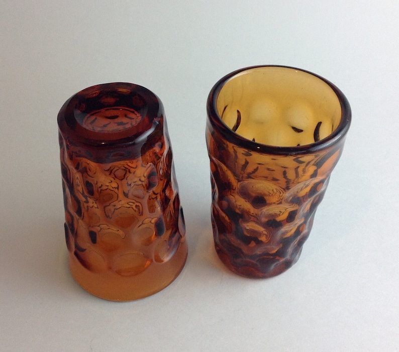 Set of 2 Vintage Deep Amber Honeycomb Juice Glasses Thumbprint Design Very Heavy Glass Retro Drinking Glasses Mid Century Dining