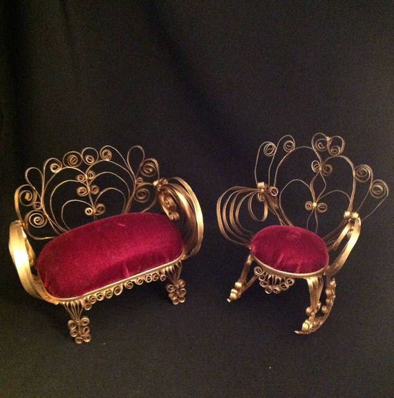 Vintage Tin Can Dollhouse Furniture Parlor Set Red Velvet Etsy