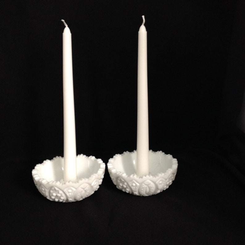 Vintage White Milk Glass Candle Holders Pair Sawtooth Edge Etsy