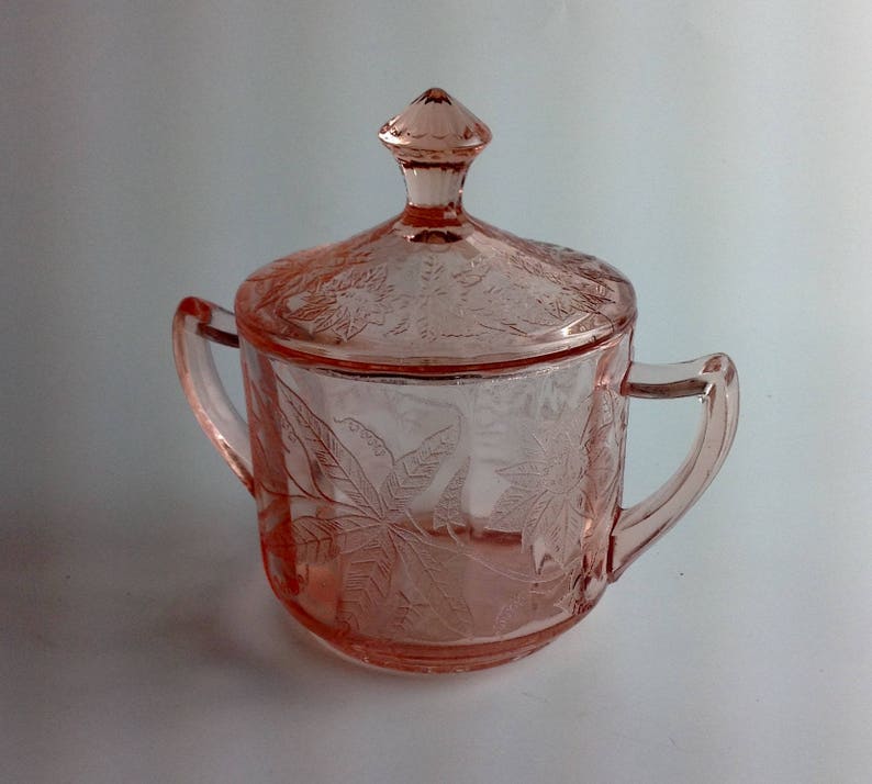 Jeanette Floral Pink Sugar Jar with Lid Poinsettia Design 1930/'s Depression Glass Cottage Chic Covered Sugar Bowl
