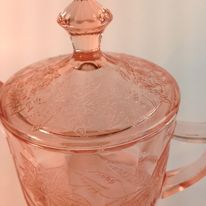 Jeanette Floral Pink Sugar Jar with Lid Poinsettia Design 1930/'s Depression Glass Cottage Chic Covered Sugar Bowl
