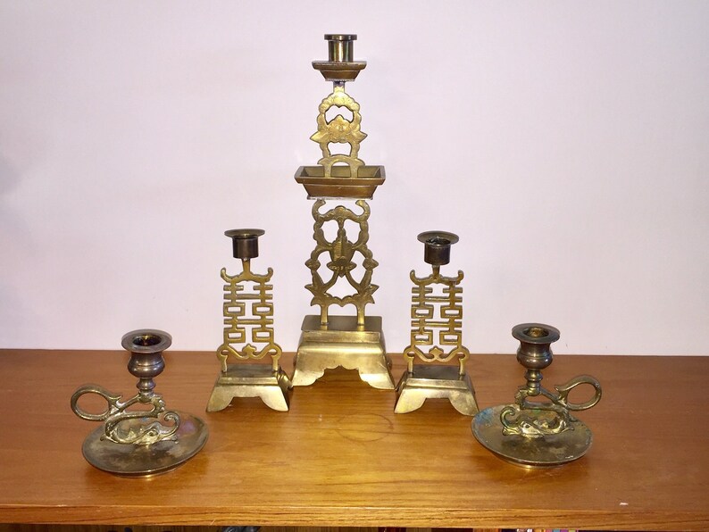 5 Vintage Brass Candlestick Holder Collection Chinese Etsy