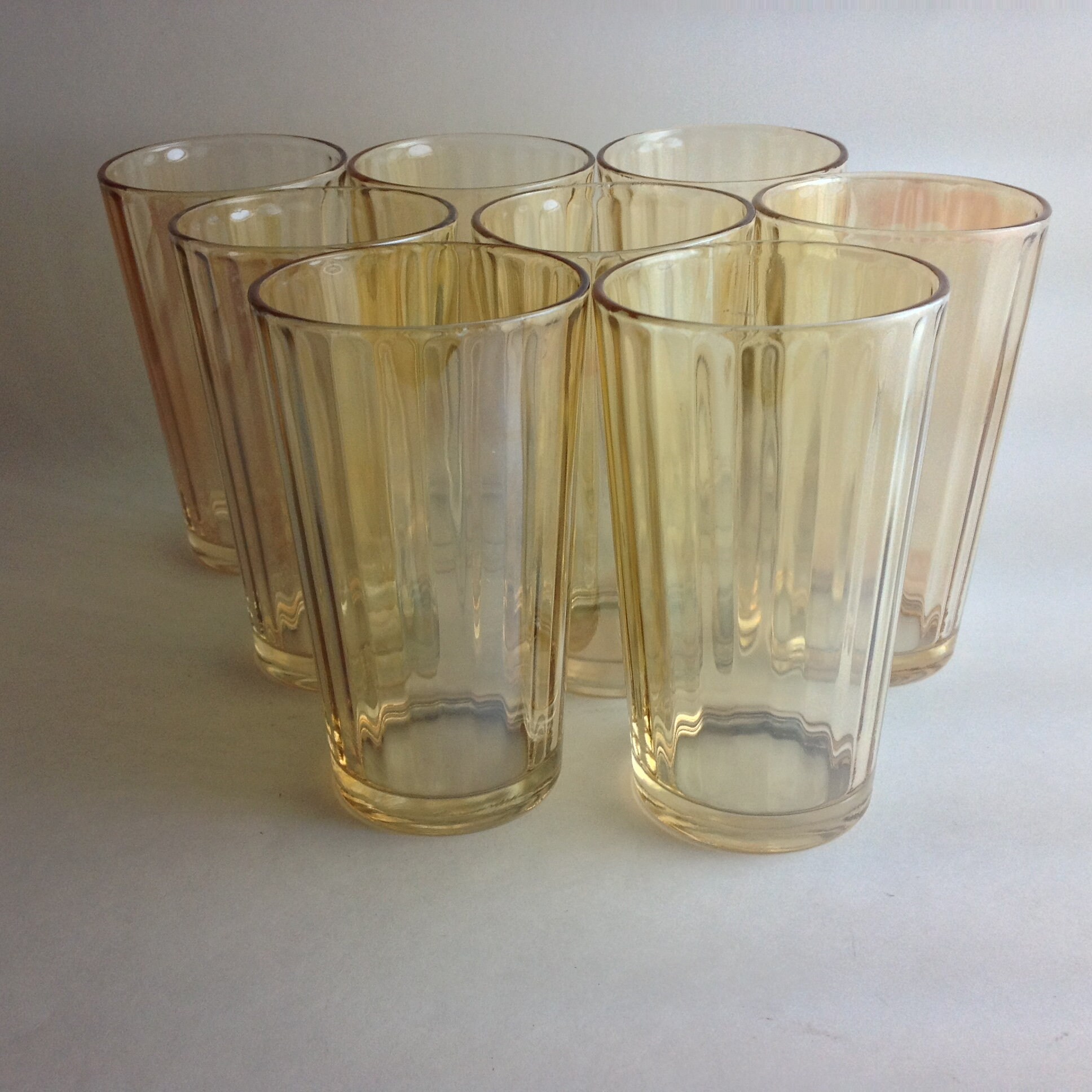Vintage Marigold Iridescent Pitcher and 4 Tumblers Peach Luster