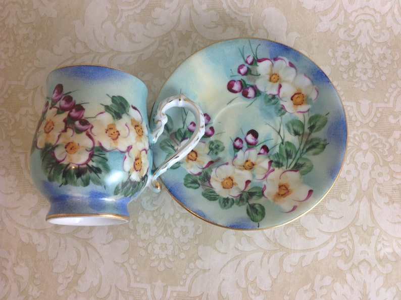 Lovely Hand Painted Teacups With Matching Saucers Stunning Blue with White Flowers Cottage Chic Shabby Chic Decor