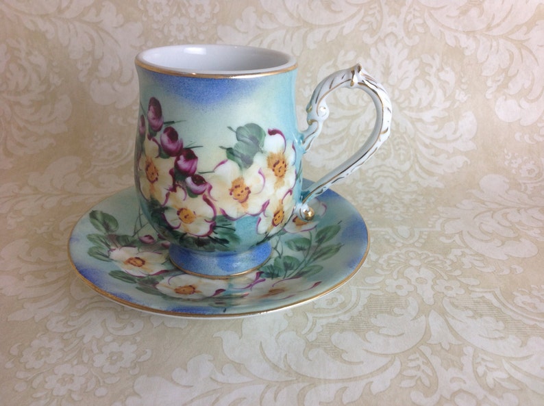 Lovely Hand Painted Teacups With Matching Saucers Stunning Blue with White Flowers Cottage Chic Shabby Chic Decor