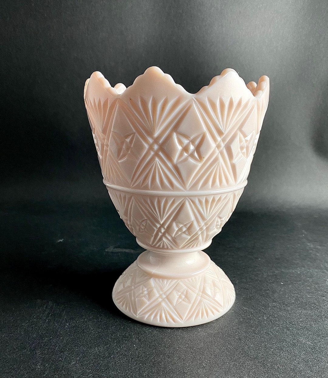 Pink Milk Glass Vase Napco 2255 1950's Sawtooth Edge Pressed Glass