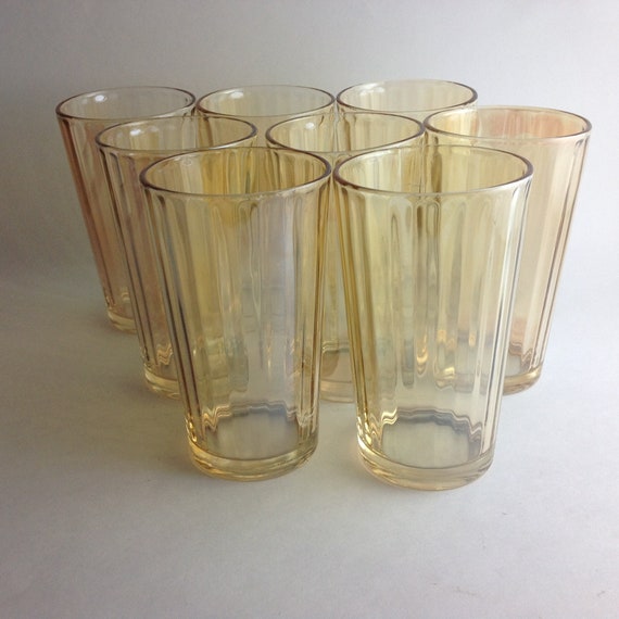 Set of 8 Peach Luster Carnival Glass Tumblers Drinking Glasses Vertical  Panels Marigold Luster Iridescent 10 Ounce 