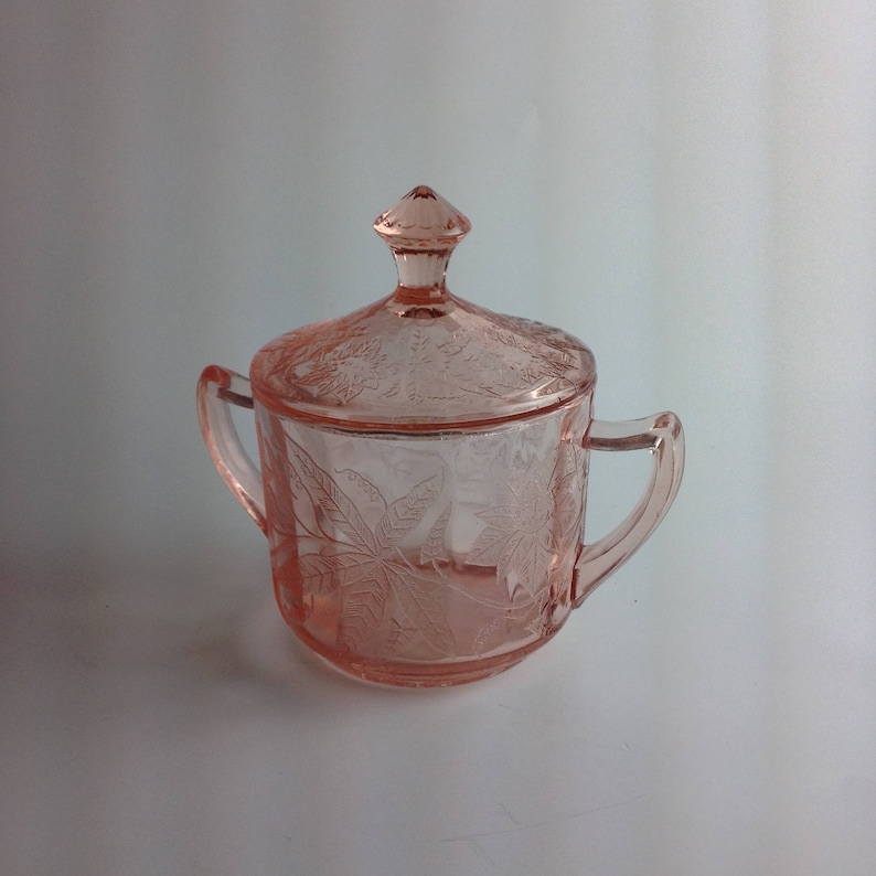 Jeanette Floral Pink Sugar Jar with Lid Poinsettia Design 1930/'s Depression Glass Cottage Chic Covered Sugar Bowl