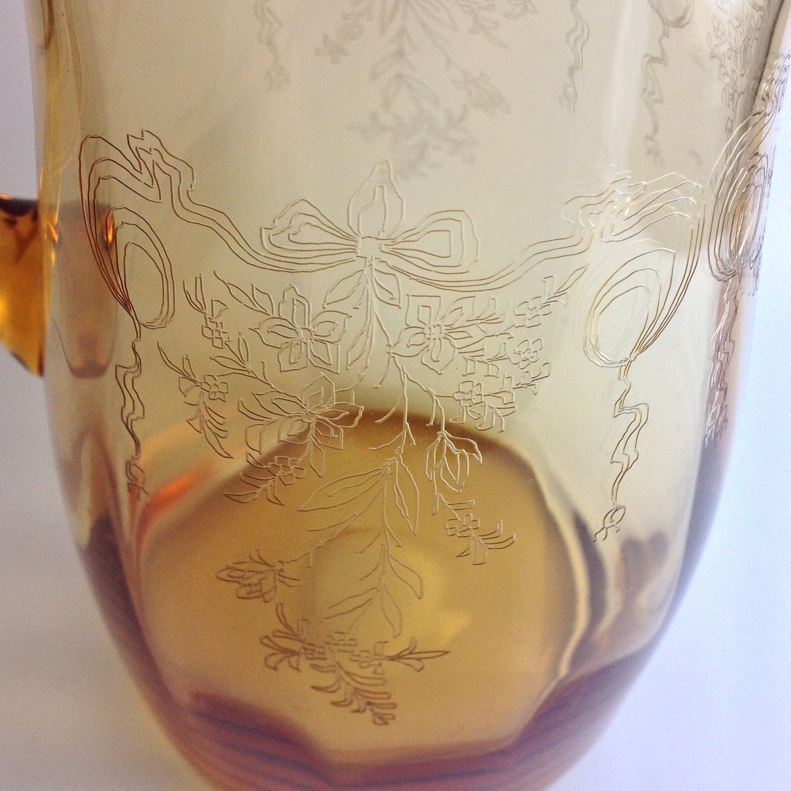 Rare Etched Depression Glass Amber Water Pitcher Bows Floral Etsy