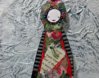 Paper Art Ornaments, Bookmarks, Gifts, Handmade OOAK, Mixed Media, Whimsical Gift Art Dolls, Holiday Gift Exchange Doll