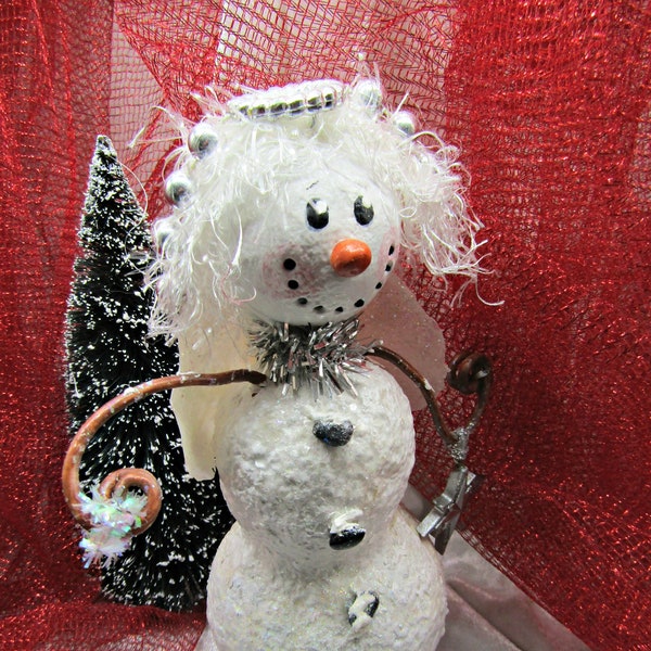 Snowlady Angel OOAK Art Doll Papier Mache Folk Art Handmade Christmas Decoration - Winter Holidays - Snowmen Collectors - FREE USA Ship