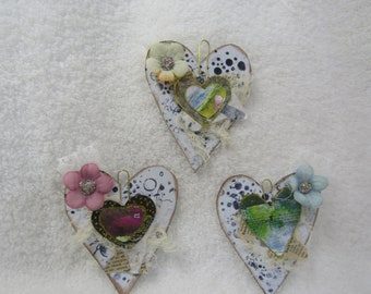 Journal Ephemera, Handmade Embellisments, Set of Three Heart Clusters, Small art, Scrapbooking, Small Gift