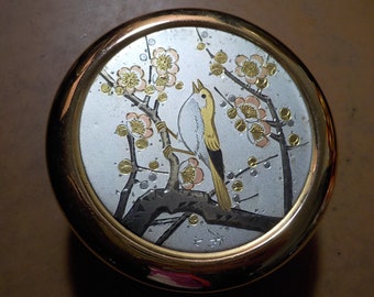 Chokin Art Round White Porcelain Trinket Dish with 24K Peacocks and Flowers Design Asian Symbols on Lid.