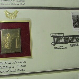 Golden Replicas Of United States Stamps First Day Of Issue Gold Stamp Envelope Made In America Building A Nation Railroad Track Walker