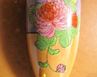 Vintage Hand Painted Hand Made Japan Lusterware Pink Flower Wall Vase Pocket Deco 5 1/2 Inches Tall FREE USA Shipping