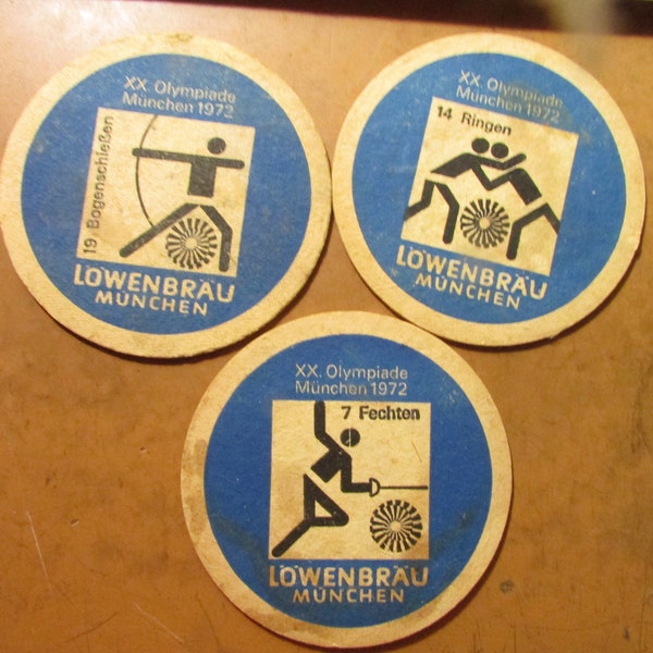 Vintage Lowenbrau Munchen XX Olypiade 3 Beer Glass Coasters Barroom Free USA Shipping