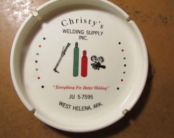 Vintage Christy's Welding Supply Inc West Helena Ark Porcelain Ceramic Ashtray Souvenir Advertising Free USA Shipping