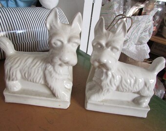 Vintage Scottish Terrier Bookends Japan White Porcelain Free USA Shipping