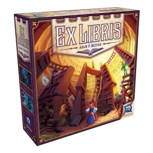 May include: A board game box titled "Ex Libris" by Adam P. McIver. The box features a detailed illustration of a library with people and ladders. The box is primarily purple, with gold accents and the game title in a banner.