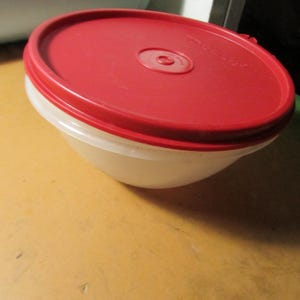 May include: A clear plastic bowl with a red lid. The lid has a small, circular indentation in the center. The bowl is sitting on a light brown surface.