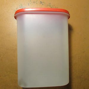 May include: A rectangular storage container with a translucent, frosted plastic body and a solid, vibrant orange lid. The container features rounded corners and a tall, vertical orientation, providing a clear view of the interior contents.
