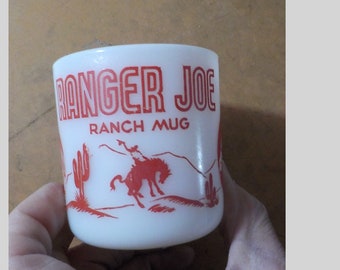 Vintage 1950's Hazel Atlas Anchor Hocking Ranger Joe Ranch Mug Red Letters Free USA Shipping