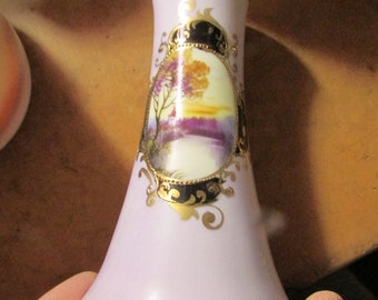 Hand Painted Noritake Japan Country Scene Flower Vase Multicolor Porcelain 4 1/2 Inches Tall Free USA Shipping