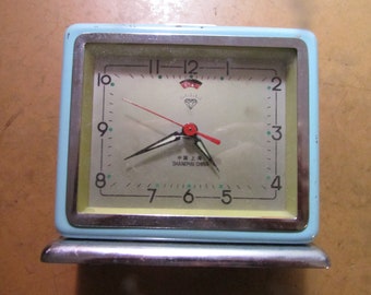 Vintage Shanghai China Wind Up Travel Alarm Clock Table Top Blue Free USA Shipping