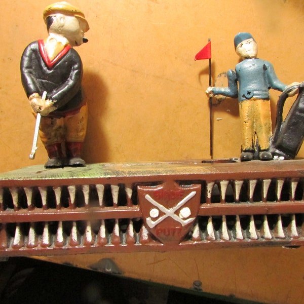 Vintage Cast Iron Golfers Birdie Putt Coin Piggy Bank Golf Mechanical Moving Free USA Shipping