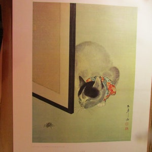 May include: A vintage art print featuring a cat with a black and white head, wearing a red and blue patterned collar, peering at a spider. The print has a soft green background and a traditional Japanese style.
